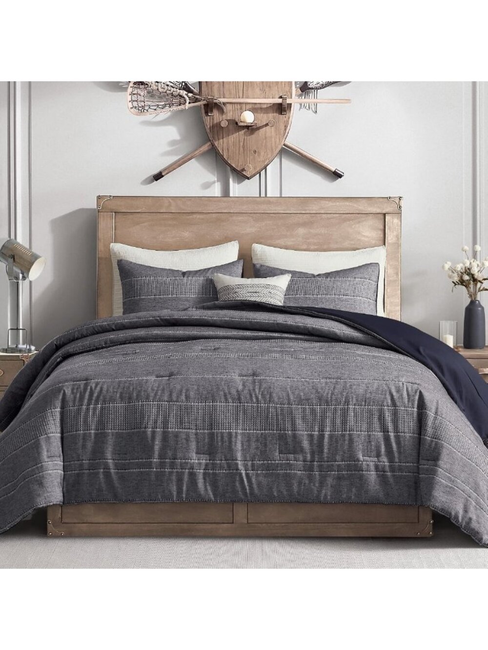 Cozy Navy Blue Striped Queen Comforter Set with Pillow Shams - Lightweight